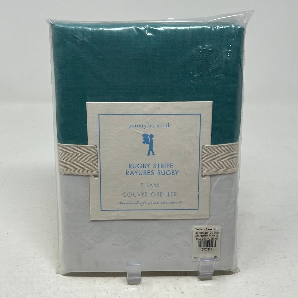 Pottery Barn Kids Rugby Stripe Standard Sham New Aqua Blue White Rayures